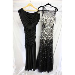 Lot [2] DRESSES: [1] Jovani black beaded gown, size 6, [1] Black Jovani cowl front and back jersey g