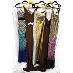 Lot [5] DRESSES: [1] Faviana one shoulder gown, size 4, [1] Halter long dress, size 4, [1] Strapless