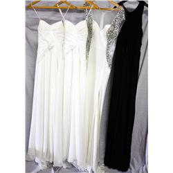 Lot [4] DRESSES: [1] ABS black gown, size XS, [1] Ivory Jovani sequin low back gown, [1] Ivory doubl