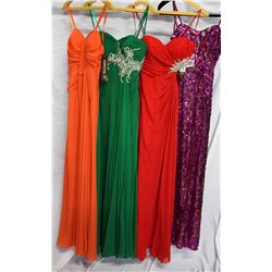 Lot [4] DRESSES: [1] Faviana strapless gown, size 0, [1] Red Faviana beaded side cutout gown, size 0