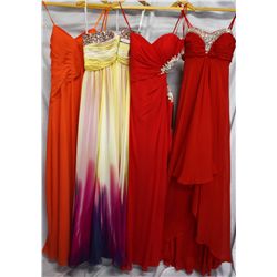 Lot [4] DRESSES: [1] Red Faviana beaded sweetheart gown, size 6, [1] Red Faviana beaded side cutout 