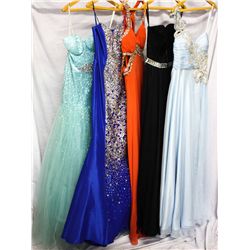 Lot [5] DRESSES: [1] One shoulder chiffon gown, size 6, [1] Jovani strapless twist and mirror waist,