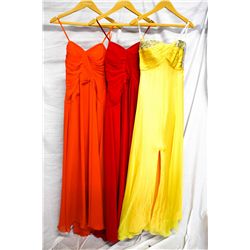 Lot [3] DRESSES: [1] Jovani yellow beaded gown, [1] Faviana red dress, size 4, [1] Favian mango stra