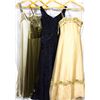 Image 1 : Lot [4] DRESSES: [1] Gown with train, size 8, [1] Navy leaf flocked gown, size 8, [1] Olive straples