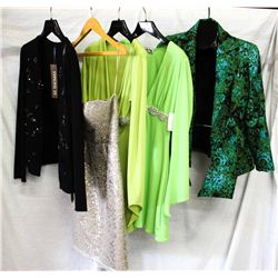 Lot [5] PIECES ASSORTED CLOTHING: [1] Green tie front jacket, Size 2, [1] Lime jersey long sleeve, s