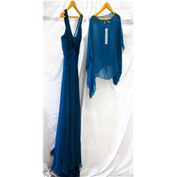 Lot [2] PIECES ASSORTED CLOTHING: [1] Teal chiffon silk gown, [1] Teal blouse shawl, size O/S