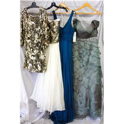 Lot [4] PIECES ASSORTED CLOTHING: [1] Sage jeweled waist chiffon gown, size 8, [1] Yolanda teal chif