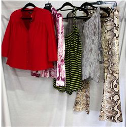Lot [5] PIECES ASSORTED CLOTHING: [1] Snake print wide leg jeans, size 8, [1] Drew snake print shirt