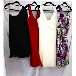 Lot [4] PIECES ASSORTED CLOTHING: [1] Yolanda silk charm print dress, size M, [1] Short dress knot c
