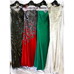 Lot [4] DRESSES: [1] Silver scoop full sequin gown, size 10, [1] Strapless with bolero, size 10, [1]