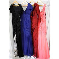 Lot [4] DRESSES: [1] Coral one shoulder floral gown, size 12, [1] Red shoulder and sleeve with roses