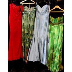 Lot [4] DRESSES: [1] Green gown, size 8, [1] Strapless tuck gown, size 8, [1] Jovani strapless peaco