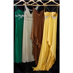 Lot [4] DRESSES: [1] Green Faviana strapless dress, size 8, [1] Gold criss cross gown, size 8, [1] B