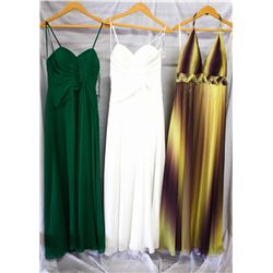 Lot [3] DRESSES: [1] Yellow ombre halter gown, size 10, [1] White double sash gown, size 10, [1] Gre