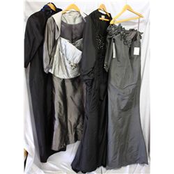 Lot [4] DRESSES: [1] One Shoulder and sleeve, size 14, [1] Black strapless bead bust, size 14, [1] S