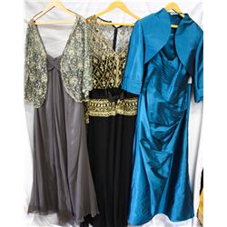 Lot [3] DRESSES: [1] Blue gown with straps & taffeta, size 20, [1] Long sleeve bead with belt gown, 