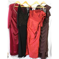 Lot [4] DRESSES: [1] Chocolate strapless, size 16, [1] Red shoulder and sleeve with roses around nec