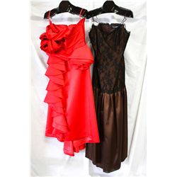 Lot [2] DRESSES: [1] Red dress flower motif, [1] LouiseB brown dress with lace accents, size 12