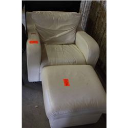 WHITE LEATHER CHAIR AND FOOTSTOOL