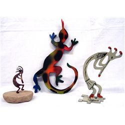 Three Metal Sculptures, Kokopellis & Lizard