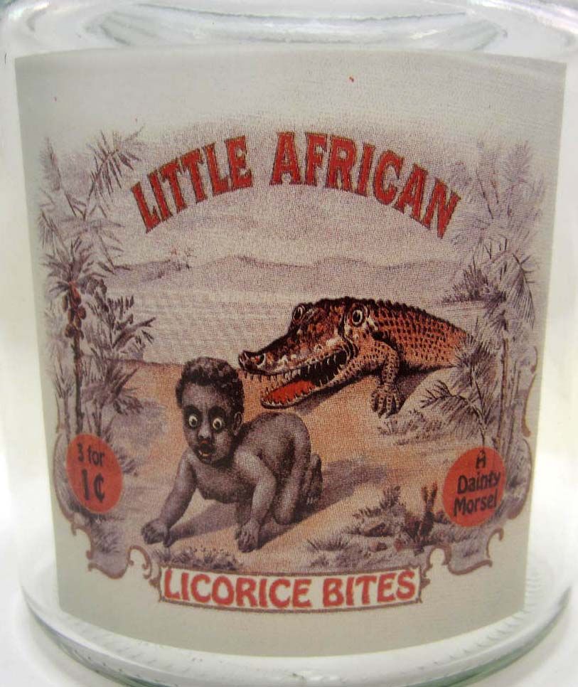 BLACK AMERICANA LITTLE AFRICAN LICORICE BITES GLASS COUNTER JAR W LID black-americana-little-african-licorice-bites-glass-counter-jar-w-lid