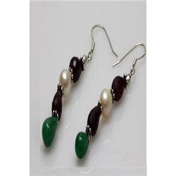 Natural 41.40ct Ruby,Pearl,Emerald Earrings .925 Sterli