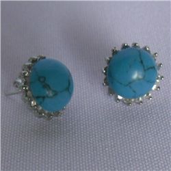 BLUE TURQUOISE ROUND CZ EARRINGS; STONE-BLUE TURQUOISE;