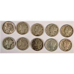 10 DIFFERENT MERCURY DIMES (23,23-S,24-S,25,26-S,27,27-S,28,28-S,29) GOOD-AU
