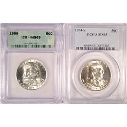 1954-S PCGS MS65 & 1959 ICG MS65 FRANKLIN HALF DOLLARS