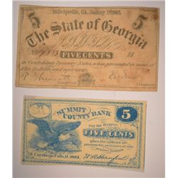 1862 FIVE CENT SUMMIT BANK NOTE CUYAHOGA FALLS, OH & 1863 FIVE CENT STATE OF