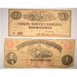 1862 $1 VIRGINIA TREASURY NOTE & 1863 $1 STATE OF NORTH CAROLINA NOTE