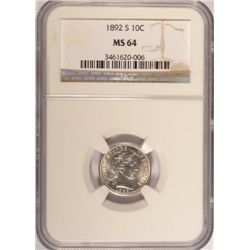 1892-S BARBER DIME NGC MS64, LOOKS 65 TO US!