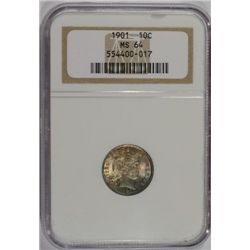 1901 BARBER DIME NGC MS64 SPECTACULAR COLOR!