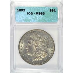 1892 MORGAN DOLLAR ICG MS63 SUPER COLOR