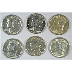 6 DIFFERENT BU MERCURY DIMES (39-D,40,40-D,40-S,41,42)