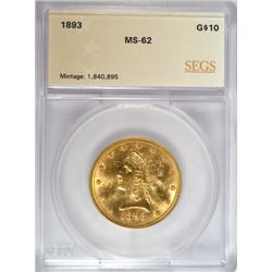 1893 $10 GOLD LIBERTY SEGS MS62