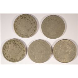 5 DIFFERENT V- NICKELS ( 83 W/L, 94,95,96,12-D) AG-AU