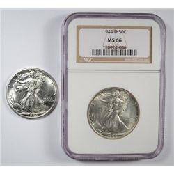 1944-D UNC & 1944-D NGC MS66 WALKING LIBERTY HALF DOLLARS