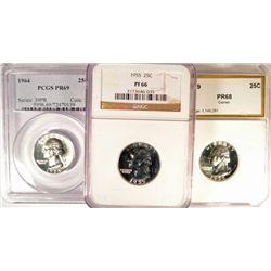 1955 NGC PF-66, 1959 PCI PR-68 CAMEO & 1964 PCGS PR-69 PROOF WASHINGTON QUARTERS