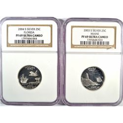 2003-S SILVER STATE HOOD (MAINE) QUARTER NGC PF-69 UC & 2004-S STATE