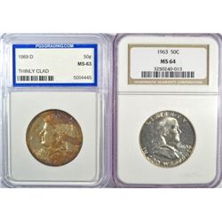 1963 FRANKLIN HALF DOLLAR NGC MS64 & 1969-D KENNEDY HALF DOLLAR PGS MS63