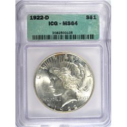 1922-D PEACE DOLLAR ICG MS64