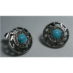 ROUND BLUE TURQUOISE CZ SILVER EARRINGS