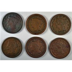 6 DIFFERENT STATE LARGE CENTS (1846,1848,1849,1851,1853,1856) AG-VG