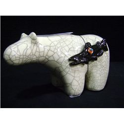 Ceramic Raku Fired Fetish Bear w/ Salmon 4 1/2" High x 3 1/2" Wide x 8" Long Retail: $149.00