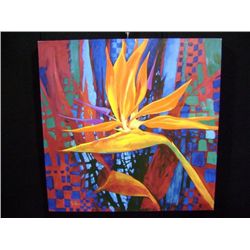 Edgar or Edder Oil on Canvas of a Bird of Paradise 1995-Colorful Painting w/ a Bird of Paradise Flow