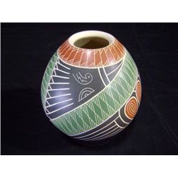 Mata Ortiz Globular Vase, Polychrome in Green, Red, Black and White By Umberto Pina 4 1/2 x4  Retail