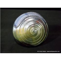 Loewenkamp Pottery, Raku Pill-Shaped Container w/ Lid 4 1/2 x5 1/8  Retail: $135.00