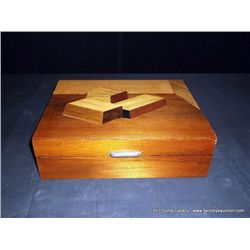 Mahogany & Walnut Wooden Box, Inlaid w Three Geometric Cubes on Cover 3"x10"x8"