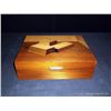 Image 1 : Mahogany & Walnut Wooden Box, Inlaid w Three Geometric Cubes on Cover 3"x10"x8"